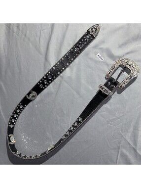 BHW Womens Black Leather Rhinestone Silver Studded Western Buckle Belt 32-36